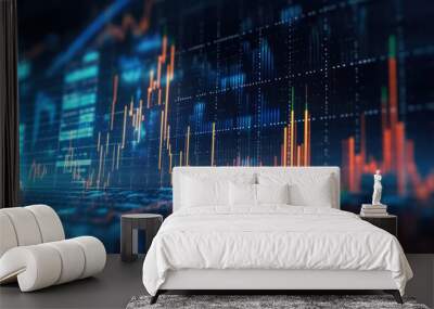 Financial charts of stock market lines over dark background. Digital screen. Concept of finance advisory and international consulting. Huds, numbers and line graphs. Wall mural