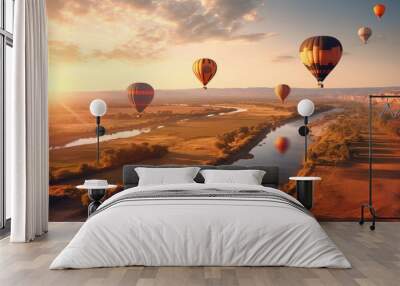 Group of Hot air balloons flying over beautiful landscape and river. Generative Ai Wall mural