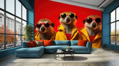 Group of Meerkat wear sunglasses, vibrant bright fashionable outfits isolated on red background. Creative animal concept. Generetive Ai Wall mural