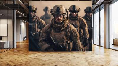 Group of Several modern soldiers fully equipped facing the camera in a dusty and smoggy environment. Generative Ai Wall mural