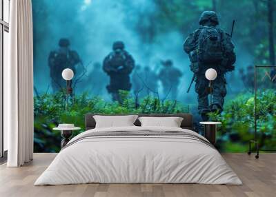 Group of warfare soldiers moving forward. Wall mural