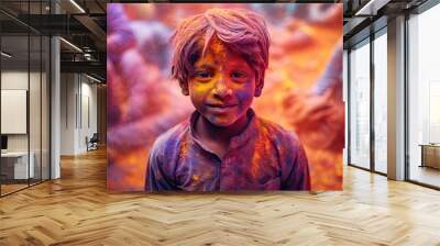 Happy Indian boy celebrate the colorful festival of Holi in India. Generative Ai Wall mural