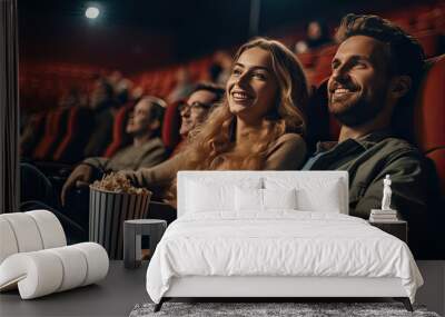 Happy young couple sitting at the cinema and enjoys watching the movie. concept of recreation and entertainment. Generative Ai Wall mural