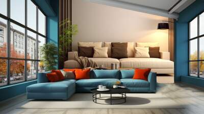 interior design of modern living room with beige fabric sofa and cushions. Generative Ai Wall mural