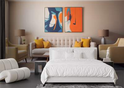 Interior Furniture, Pop art style interior design of modern living room with two beige sofas. Generative Ai Wall mural