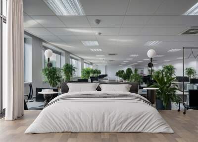 Interior modern building of Office ceiling in perspective with white texture of acoustic gypsum plasterboard, lighting fixtures or fluorescent panel light suspended on square grid structure. Wall mural