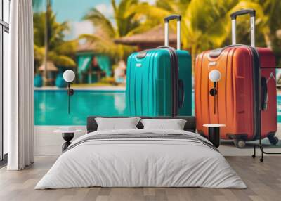 Luggage suitcases beside resort swimming pool for tourism summer. Wall mural