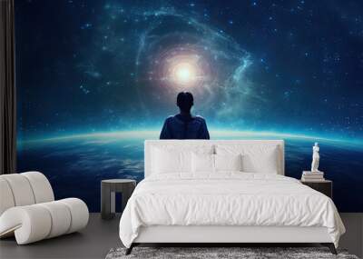 Meditating human silhouette in yoga lotus pose. Galaxy universe background. Colorful chakras and aura glow. Power of Mind. Psychic. Meditation and Spirituality Universe. Generative Ai Wall mural