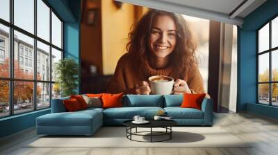 Portrait of joyful young woman enjoying a cup of coffee at home and laughing in an autumn day. Generative ai Wall mural