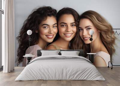 Portrait of three beautiful joyful multiracial women standing together and smiling at camera isolated over white background. Generative Ai. Wall mural