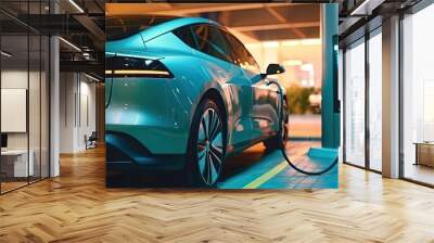 Power supply connected to electric vehicle charge battery. EV charging station for electric car or Plug-in hybrid car. Automotive innovation and technology concepts. Generative Ai Wall mural