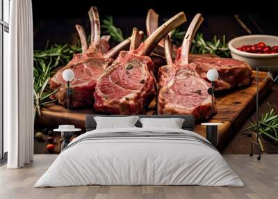 Raw racks of lamb  with rosemary freshly cooked on the wooden table in the restaurant. Wall mural