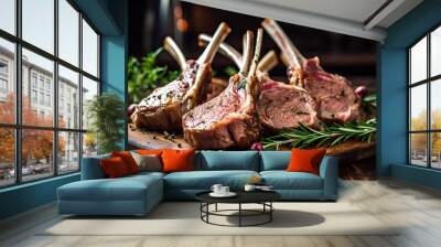 Raw racks of lamb  with rosemary freshly cooked on the wooden table in the restaurant. Wall mural