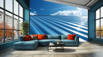 Roof metal sheet with blue sky with clouds. Wall mural