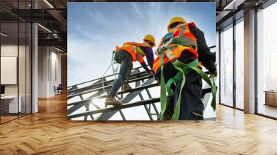 Safety body construction, Working at height equipment. Fall arrestor device for worker with hooks for safety body harness on the roof structure Wall mural