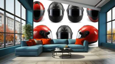 Set collection of red motorcycle carbon integral crash helmet isolated on white background. Generative Ai Wall mural