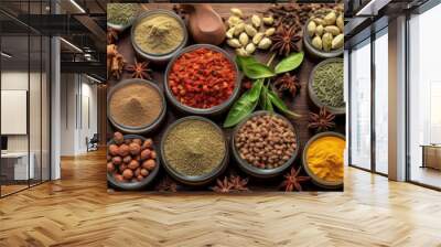 Set of Spices and herbs for cooking. Small bowls with colorful seasonings and spices, basil, pepper, saffron, salt, paprika, turmeric on rustic wooden plank table background. Generative Ai Wall mural