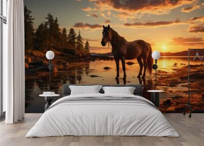 Silhouette of a horse on lake shore at sunset background. Wall mural