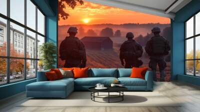 Silhouetted soldiers securing a small village in a rural area, with barns and fields in the background, bathed in the last light of day Wall mural