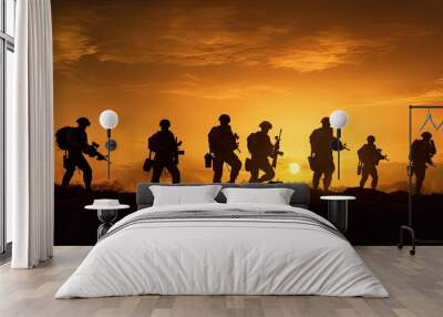 Silhouettes of military on the battlefield at sunset. Generative Ai Wall mural