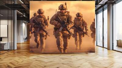 Team of Modern warfare soldiers moving forward. Generative Ai Wall mural