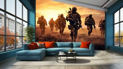 Team of Modern warfare soldiers moving forward. Generative Ai Wall mural