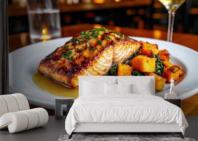 The menu features baked salmon topped with a maple glaze, served alongside sweet potatoes and saut spinach. Wall mural