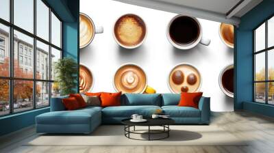 Top view, Set of paper take away cups of different black coffee isolated on white background. Generative ai Wall mural