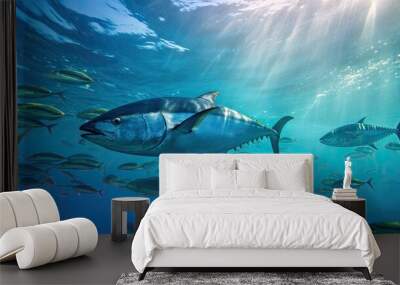 Tuna fish in the ocean. School of tuna fish in the ocean. Tuna. Generative Ai. Wall mural