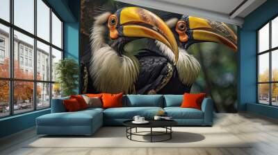 Two Great Hornbill Coraciiformes hornbill bird. Generative Ai Wall mural