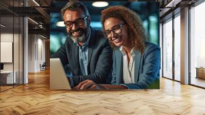 Two happy diverse professional colleagues businessman and businesswoman corporate executives working together in office using laptop. Generative Ai Wall mural