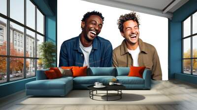 Two interracial best friends laughing and having a good time together isolated on transparent background. Wall mural