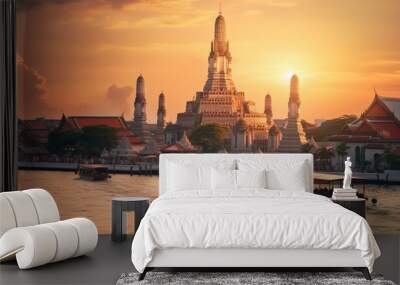 Wat arun in sunset at Bangkok,Thailand. Landmark, Chao Phraya River. Generate Ai Wall mural