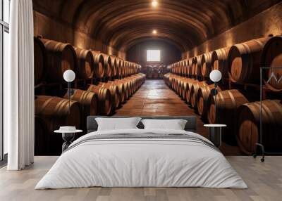 Wine barrels in wine vaults. Generative Ai Wall mural