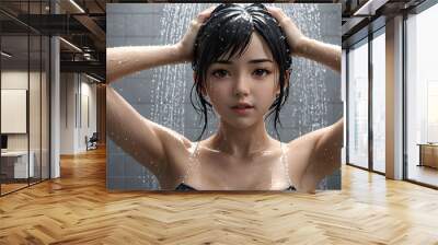 3D Anime Style Woman Bathing with Water Splashing on Face Wall mural