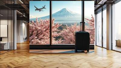 Luggage by window with view of Mount Fuji and cherry blossoms Wall mural