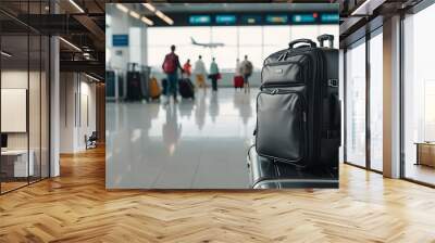 Luggage on Airport Bench with Blurred Passengers Wall mural