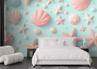 Pastel Seashells and Starfish Background Wall mural