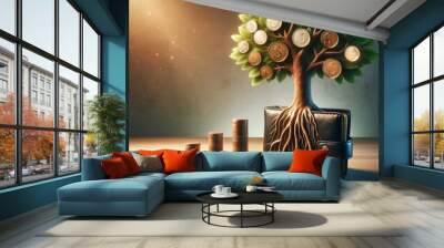 Wallet Transforming into Tree with Coins on Leaves Wall mural