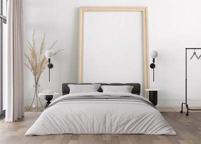 Wooden frame leaning on white wall with wooden floor Wall mural