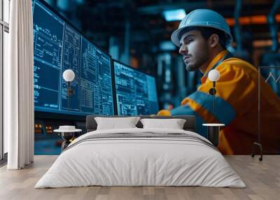 A control system worker keeping an eye on an industrial pipeline power plant's operator room Wall mural