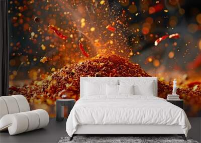 A dark background with flying meat stakes adorned with powdered spices, garlic, and hot red pepper. Motion stillness Wall mural