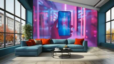 A hand holding a phone that shows the inside of a smart, high-tech office with holographic features. Wall mural