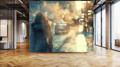 A lady strolls down the city's street. Wall mural