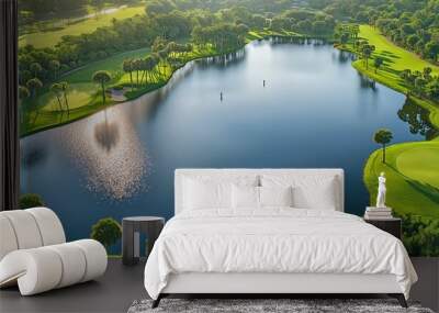 A serene overhead perspective of a charming golf course encircled by vibrant palm trees and shimmering water Wall mural