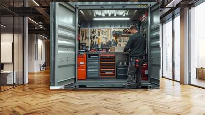 A technician in a container with a moveable workspace and an opening tool case Wall mural