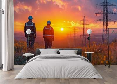 After a day of work at a high-voltage line tower, electrical engineers discuss the results. Wall mural