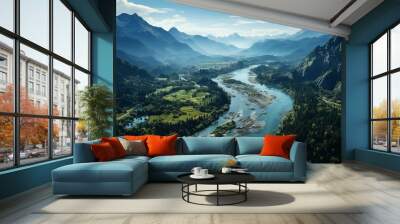 An aerial picture of a river in a lush, tropical forest with mountains in the distance.. Wall mural