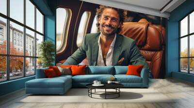 Billionaire, affluent businessman, or successful gorgeous man enjoying the journey aboard a private aircraft. Wall mural