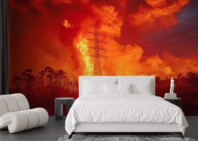 Close to the electricity transmission tower line, a bushfire is raging. Wall mural